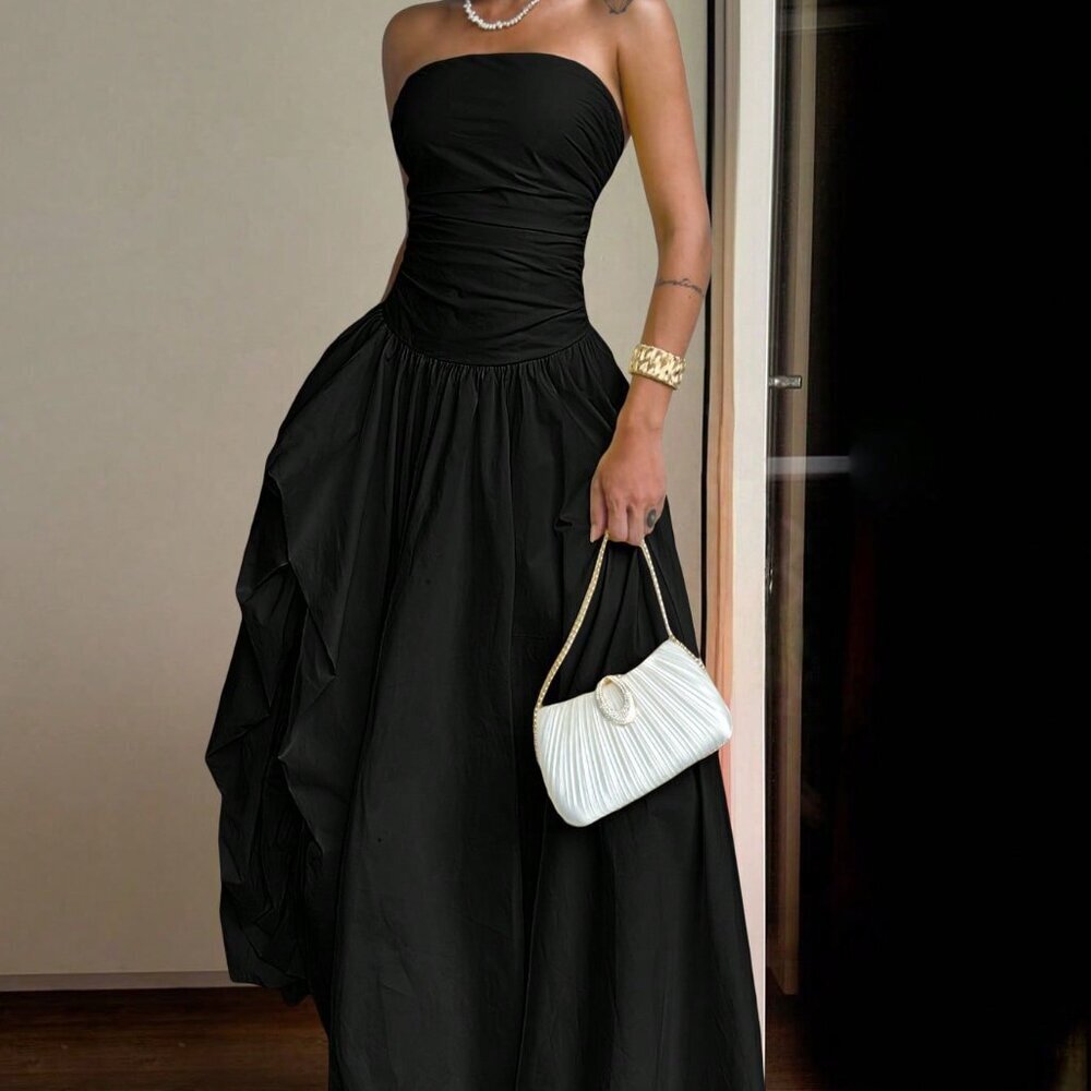 Black Elegant Women's Sexy Strapless Maxi Dress with Asymmetric Slit